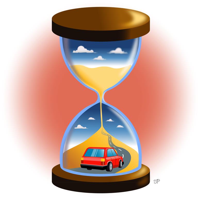 There is an hourglass with a car driving on the road at the bottom of it.