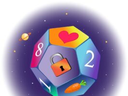 There is a polyhedral dice with images of a lock, heart, carrot, and numbers "8", "2", and "1" on its planes. Space, stars, and Saturn are in the background.