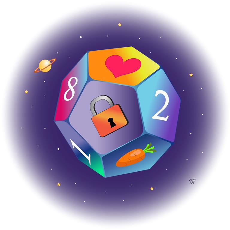 There is a polyhedral dice with images of a lock, heart, carrot, and numbers 