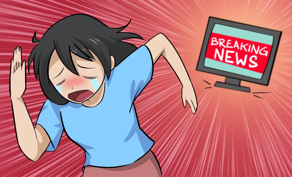 A panicked woman runs a way in tears from a screen that says breaking news