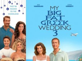 Movie poster for Big Fat Greek Wedding 3: On the left, various characters from the film are depicted from top to bottom. On the right, a couple stands in front of a serene ocean backdrop, with a fallen banner behind them."