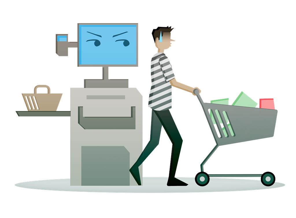 A person with a cart of groceries nervously walking past a self serving kiosk with a basket on the side