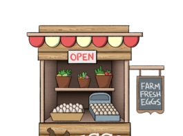 An illustration of a market stand with "Eggs" written on the front.