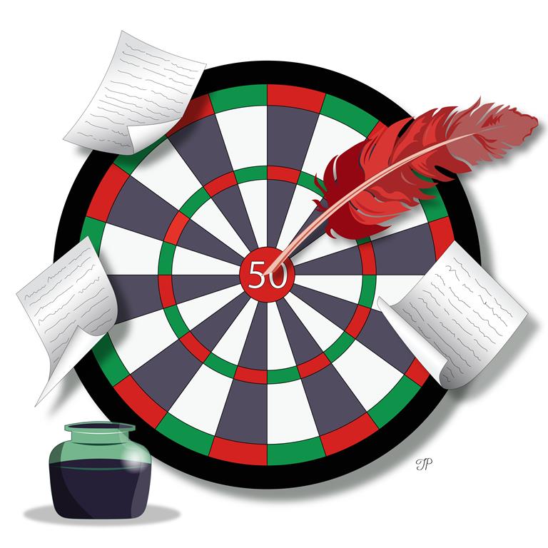 A feather pen is in the dart’s bullseye with the number 50. The inkpot is in the front of a dart. Flying written sheets of paper surround the dart board.