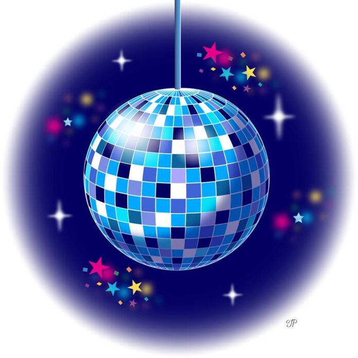 A disco ball is shining and sparkling on the darker background.