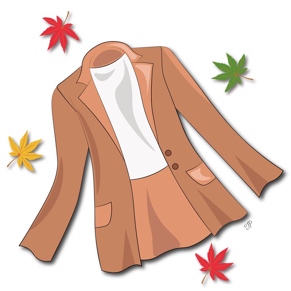 A brown coat surrounded by autumn leaves.