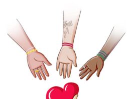 A hand holds out a heart with other hands reaching to grab the heart