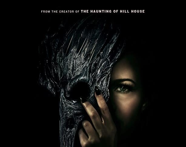A women in a black background holding a birdmask against her face with the title of the movie at the bottom of the poster