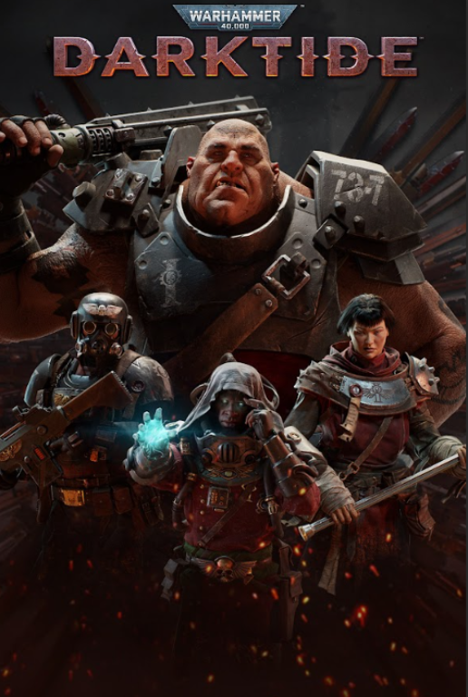 A large troll and three other characters standing in front of him. All characters hold weapons and are suited with armour