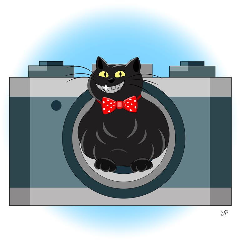 A smiling cat climbing out the lens of a camera wearing a red bow tie and