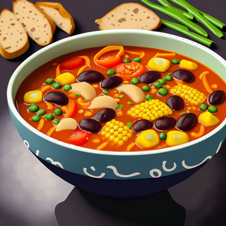 An illustration bowl of soup that has peas, corn, beans, and lentils. The bowl is surrounded by bread and peas.