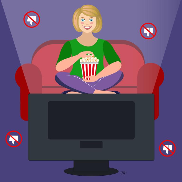 A girl with a cheerful facial expression is enjoying watching a movie. Forbidden thumbs-down signs are flying in the air.