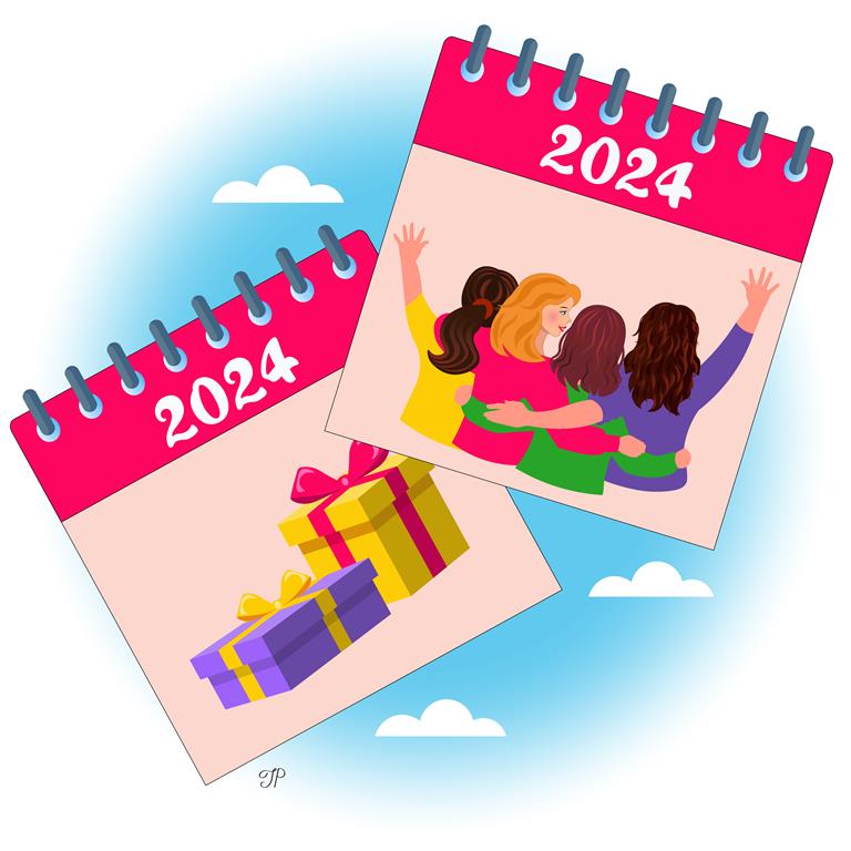 There are two 2024 calendar pages: one depicts gift boxes, and the other depicts a group of hugging friends.