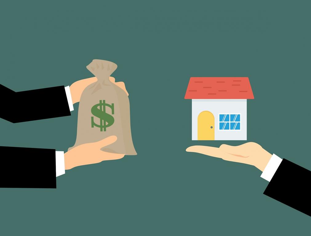An illustration of a pair of hands raising a bag of money on the left and another hand is holding up a small house as if they are about to exchange their items.