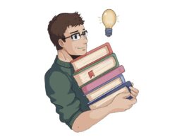 An illustration of a student carrying a stack of books