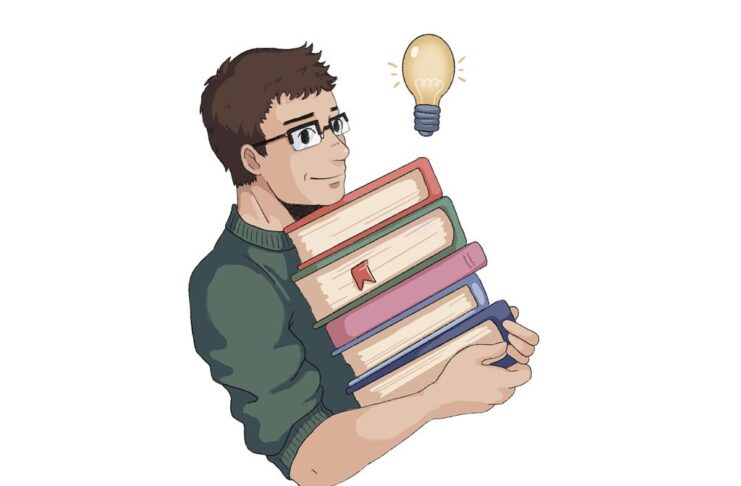 An illustration of a student carrying a stack of books