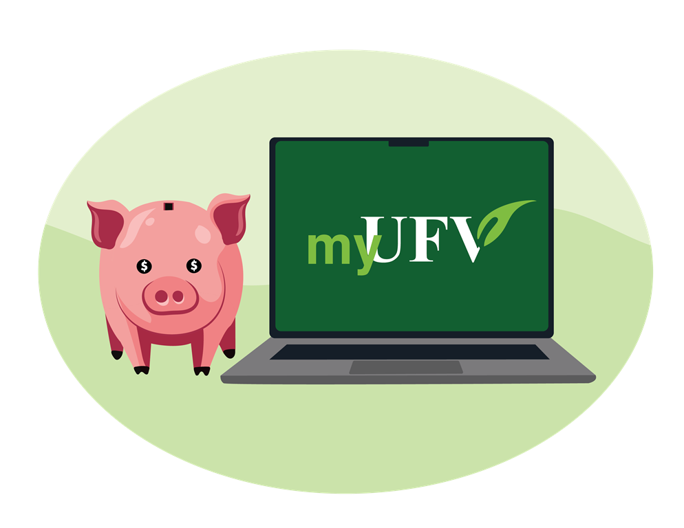 A piggy bank sitting next to a laptop with the screen displaying the myUFV logo