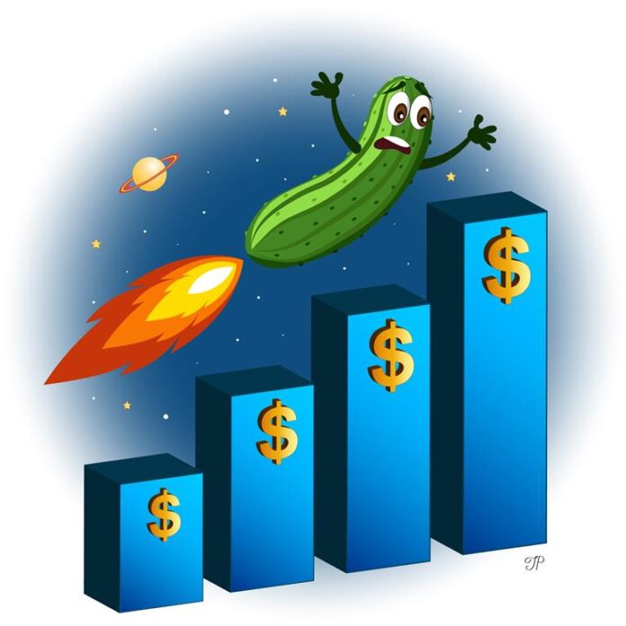 A cucumber skyrockets over a bar chart graph representing the significant price growth.