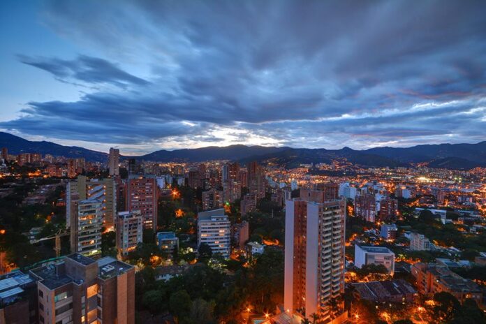 A photo of Medellin, Columbia during the night