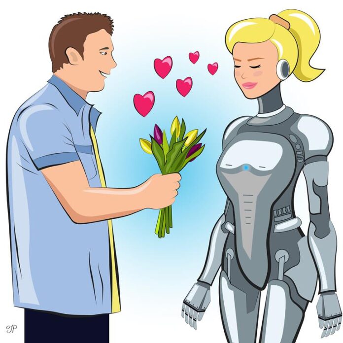 A man is giving flowers to a pretty robot woman. There are hearts above the flower bouquet.