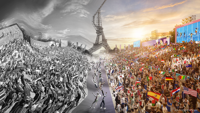 An image of Paris with the right side of the photo filled with colour and sunshine while the left side is black and white