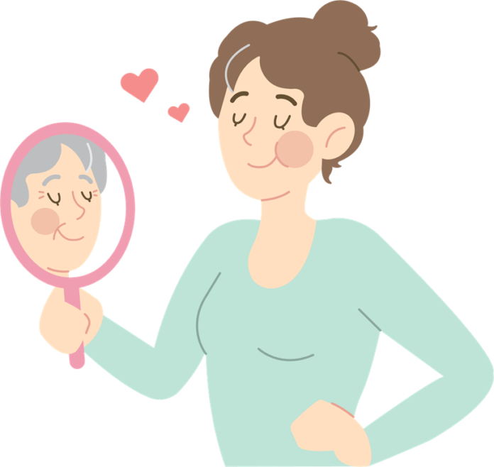 An illustration of a girl with her eyes closed holding a mirror. The reflection of the mirror displays an elderly woman with her eyes closed