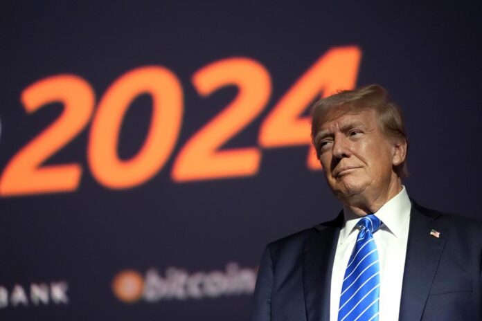 A photo of trump with a sign saying 2024 behind him