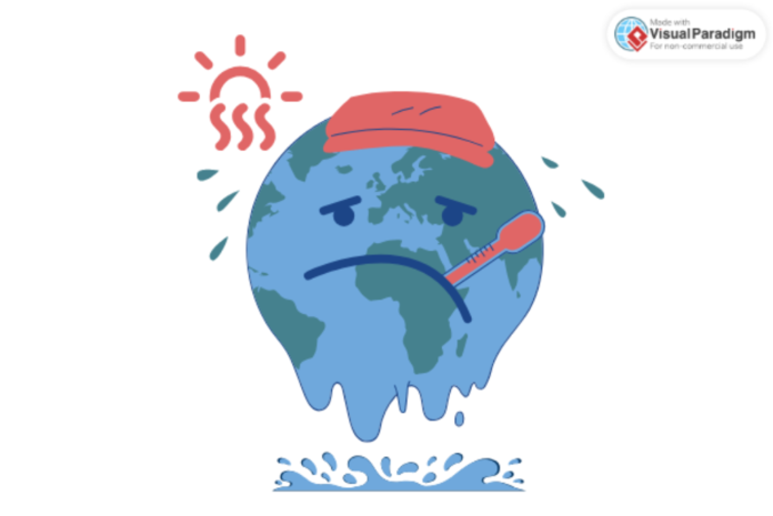 An illustration of the planet earth frowning and with a thermometer in its mouth signifying that the earth is getting too warm