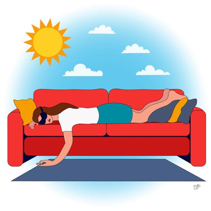 A girl is sleeping on a sofa. A bright sun is shining above.