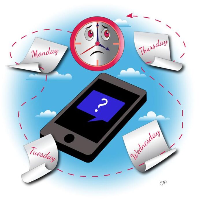 A cell phone displays a text message with a question mark. Pages with days of the week are flying around the phone. Above the phone, there is a clock with a concerned expression.