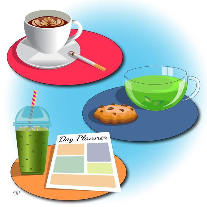 A cup of coffee with a cigarette, a cup of green tea with a cookie, and a cup of iced matcha with a day planner beside.