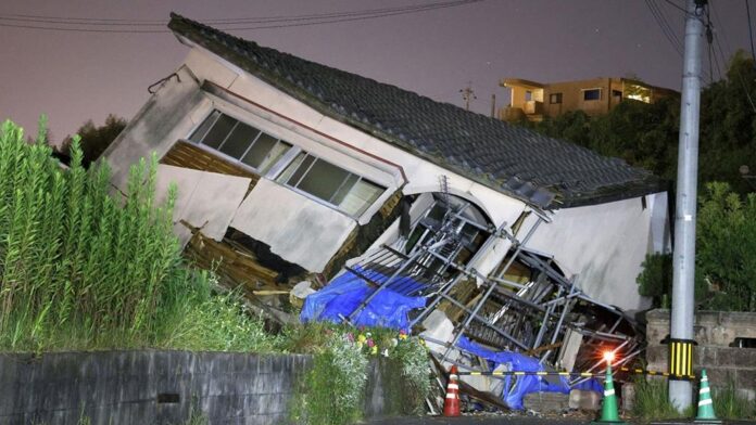 A collapsed house in Kagoshima prefecture, Japan, after a 7.1-magnitude earthquake on August 8, 2024.