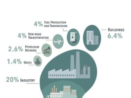 A footprint shape filled with illustrations depicting different areas of carbon production, from top to bottom: Waste 1.4%, 2.6% Petroleum Refining, 4% non road transportation , 4% Fuel Production and transmission, 6.4% buildings, 20% industry, 18% electricity and heat, 9.6% other energy, 15% agriculture, 10% road transportation, 9% land use change and forestry.