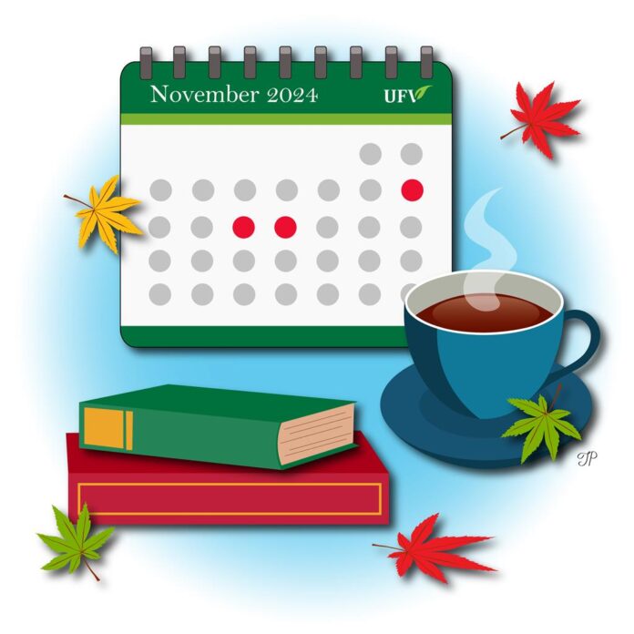 The UFV calendar for November 2024 with only three days highlighted with colour. In the foreground, there are books, a cup of coffee, and autumn leaves.