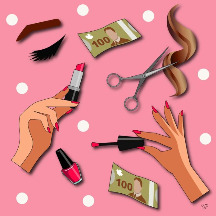 A hand with lipstick, a hand with nail polish, nail polish, scissors with a lock of hair, eyelashes, and eyebrows, alongside some 100-dollar bills.