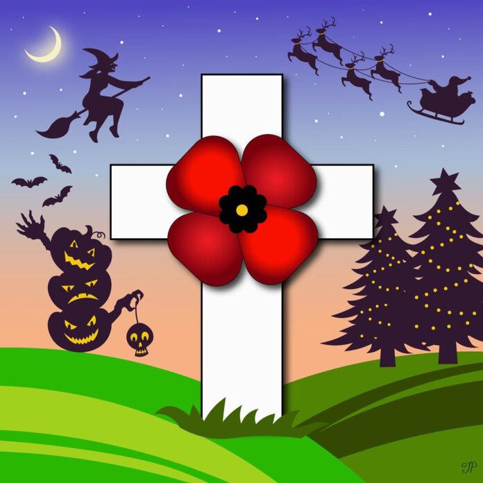 A remembrance cross with a poppy. In the background to the right, there is Santa with reindeer flying in the air, and Christmas trees are on the hill. To the left, in the background, there are Halloween pumpkins and a flying witch.