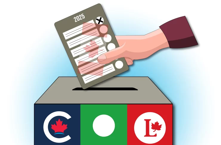 A ballot box displaying the colors and symbols of Canadian political parties and a hand holding a ballot with a crossed circle (next to the candidate's name). The pencil is beside the box.