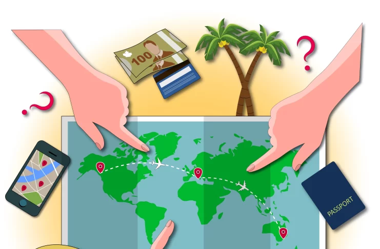 Hands pointing at a world map with travel destinations. In the background: a pen with notes, a camera, a passport, a credit card, cash, a mobile phone with a map, a sun hat, and question marks.